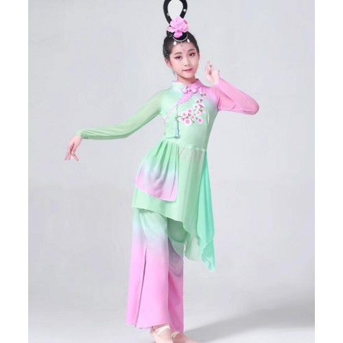 Children pink green Chinese folk classical dance costumes fairy dance hanfu for kids girls  traditional folk fan umbrella dance dress for girls repertoire costumes